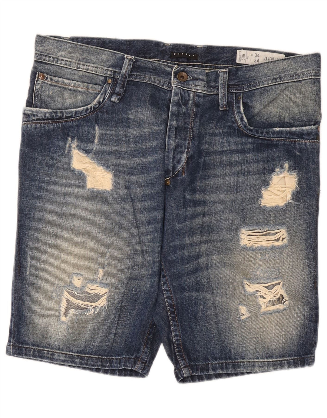 Sisley Herren Distressed Denim Shorts W34 Große blaue Baumwolle