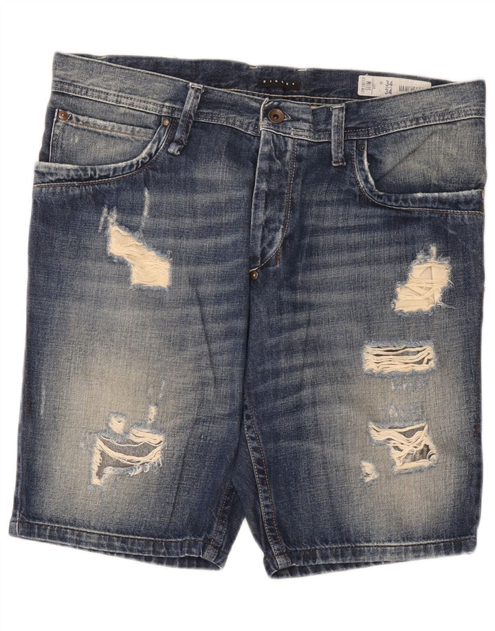 Sisley Herren Distressed Denim Shorts W34 Große blaue Baumwolle