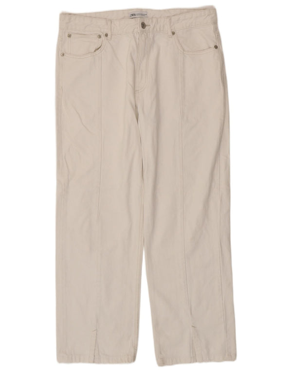 Zara Damen-Jeans mit hoher Taille, gerade, EU 46, 2XL, W36, L29, weiße Baumwolle