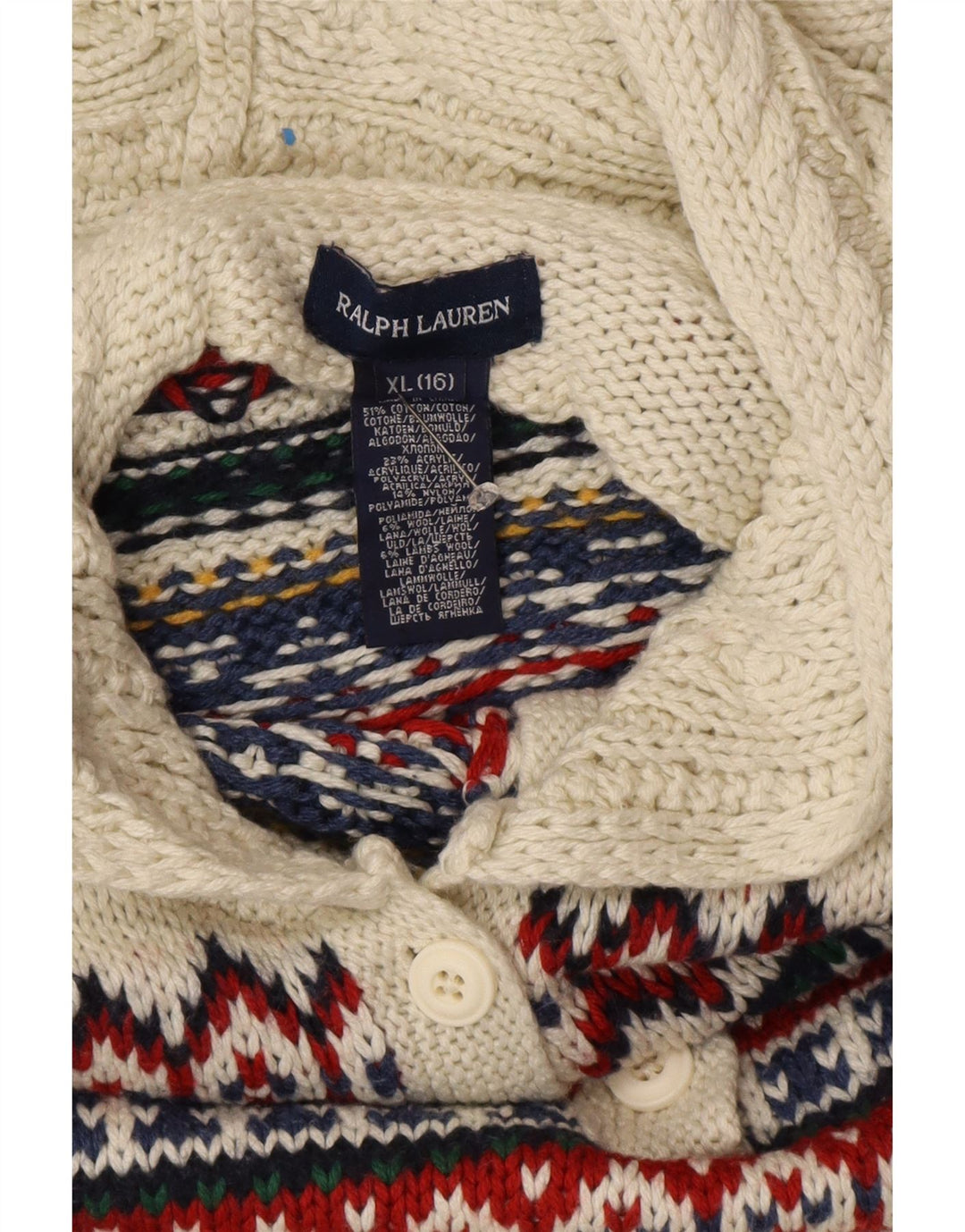 RALPH LAUREN Kapuzenpullover für Mädchen, 15–16 Jahre, XL, weiße Fair-Isle-Baumwolle