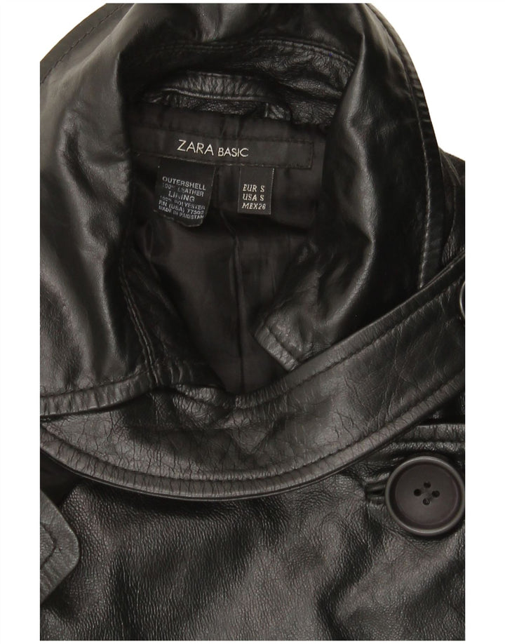 Zara Damen Militärledermantel UK 10 Small Schwarzes Leder
