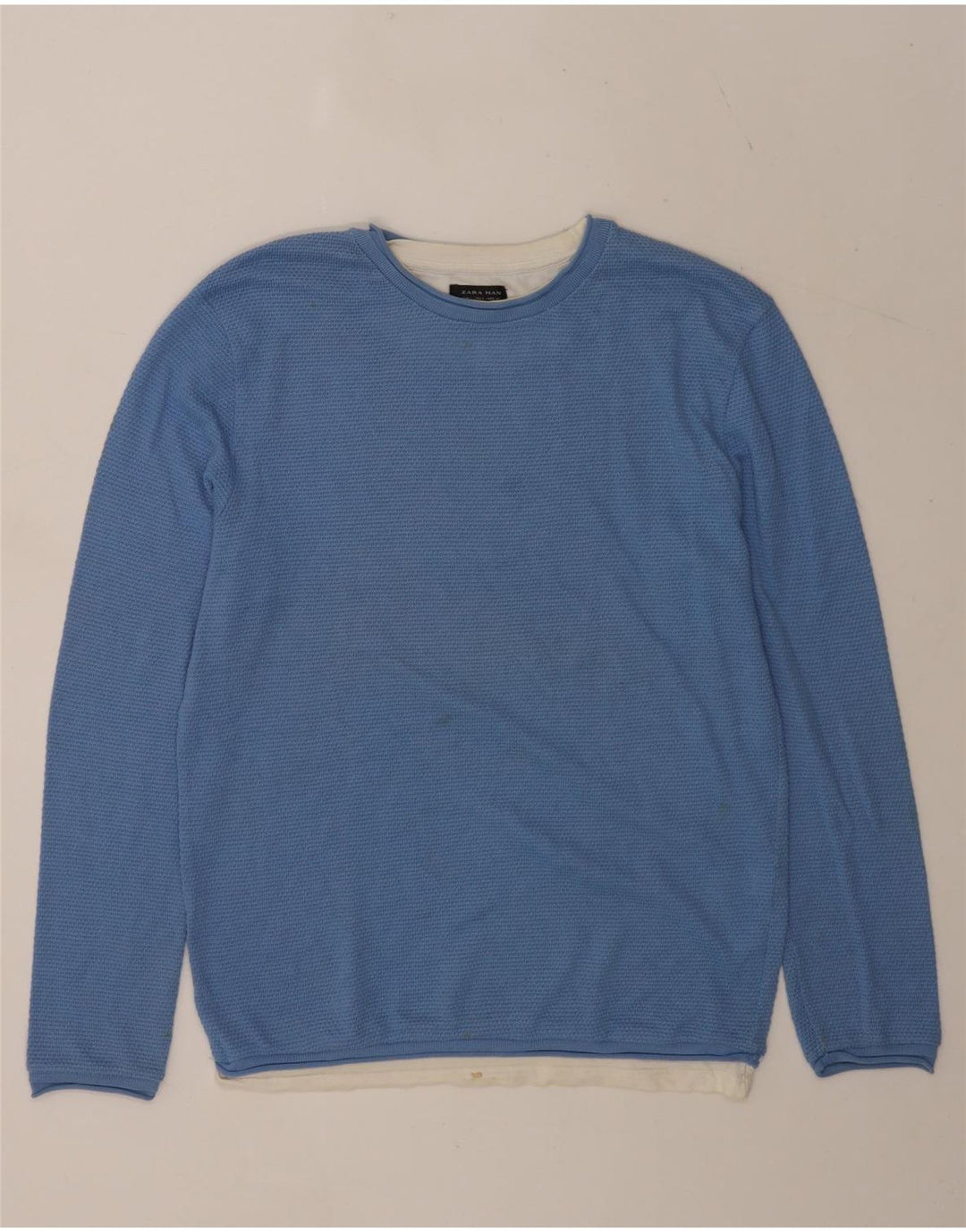 Zara Herren-Pullover mit Rundhalsausschnitt, groß, blaue Blockfarben-Baumwolle