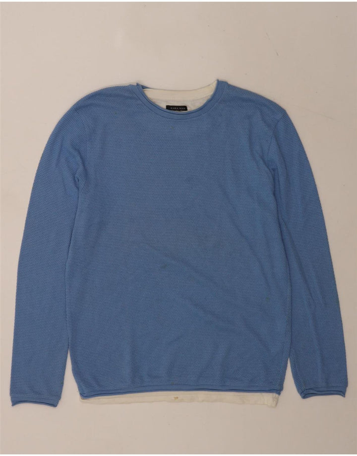 Zara Herren-Pullover mit Rundhalsausschnitt, groß, blaue Blockfarben-Baumwolle