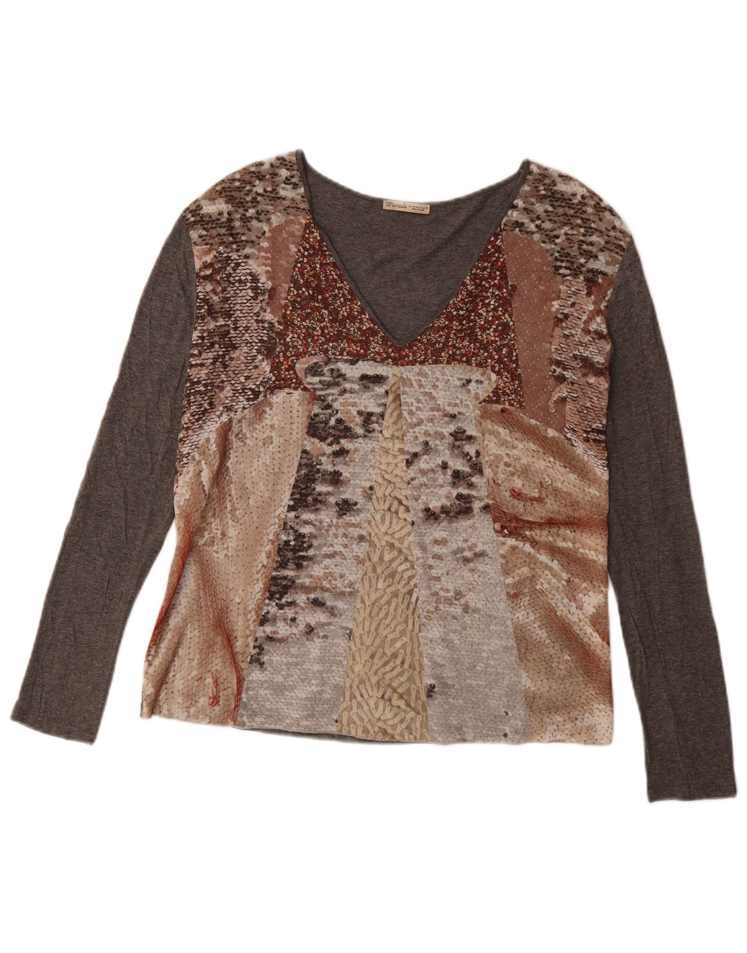 ZARA Womens Graphic Top Long Sleeve UK 14 Medium Grey Patchwork