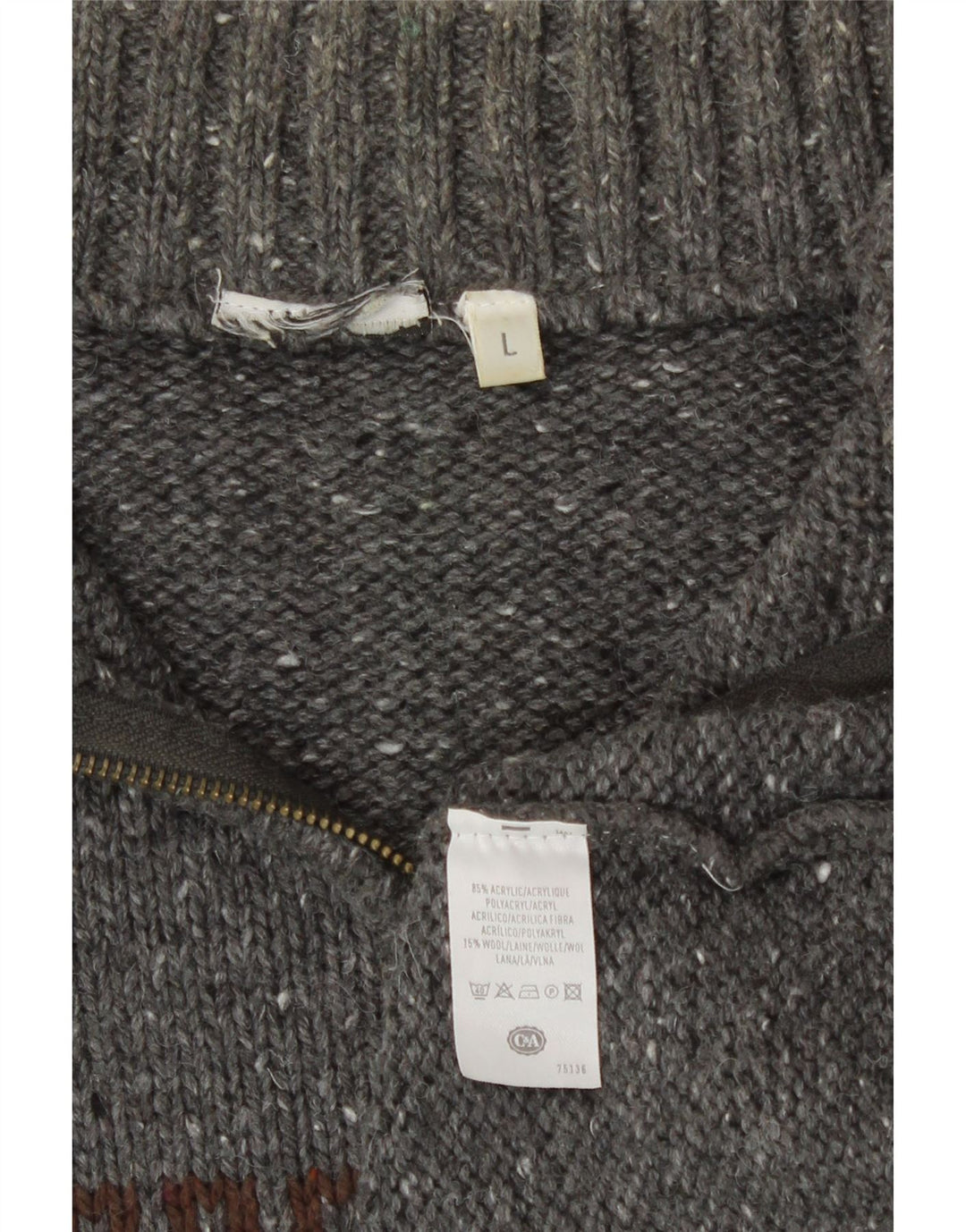 C&A Herren-Pullover mit Reißverschluss am Hals, groß, graues Fair-Isle-Acryl