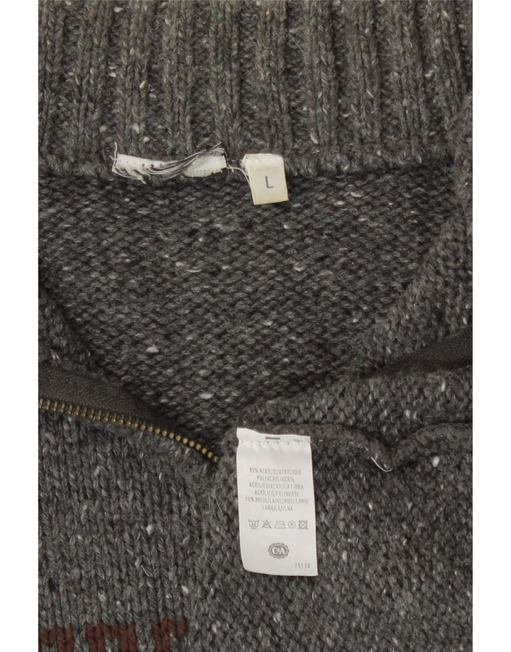 C&A Herren-Pullover mit Reißverschluss am Hals, groß, graues Fair-Isle-Acryl