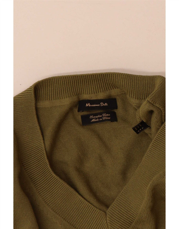 Massimo Dutti Herren-Pullover mit V-Ausschnitt, groß, Khaki, Baumwolle