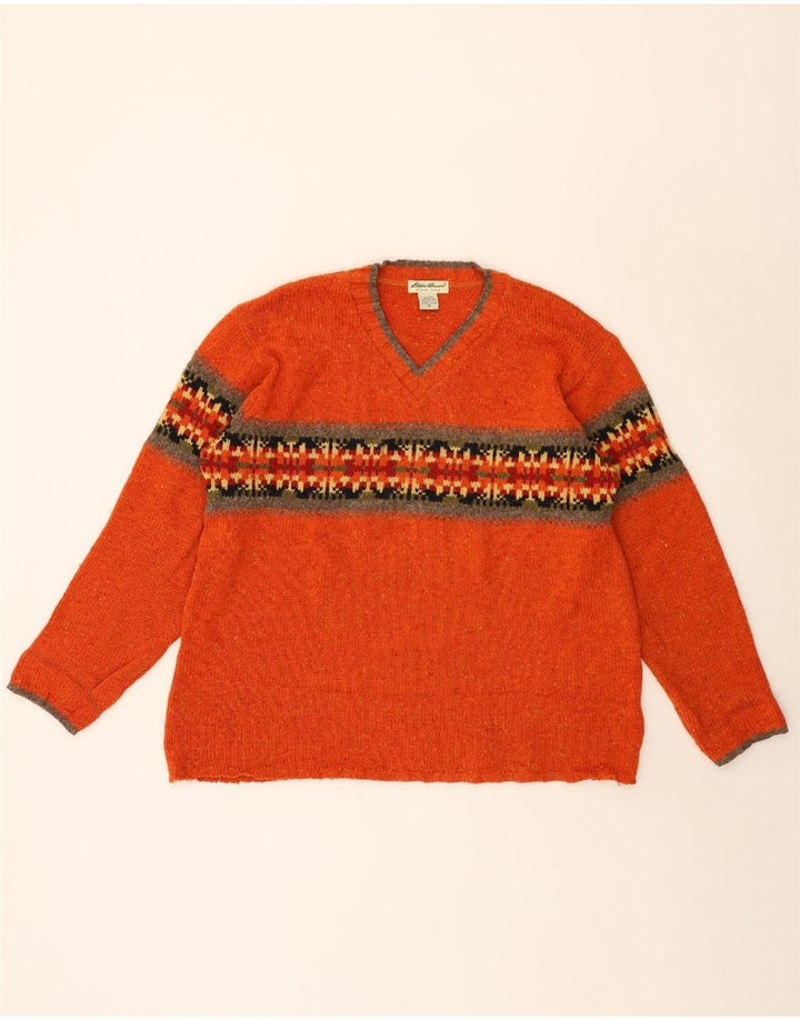 Eddie Bauer Herren-Pullover mit V-Ausschnitt, Mittelorange, Fair-Isle-Wolle