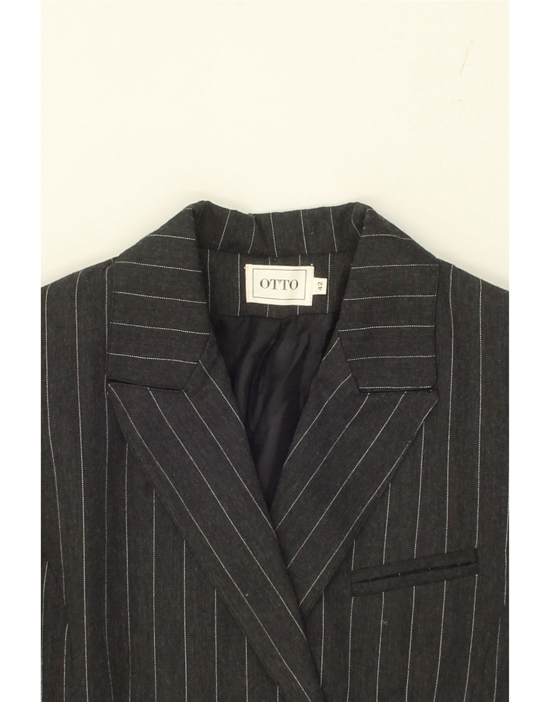 VINTAGE Womens Double Breasted Blazer Jacket IT 42 Medium Grey Pinstripe Vintage Vintage and Second-Hand Vintage from Messina Hembry 