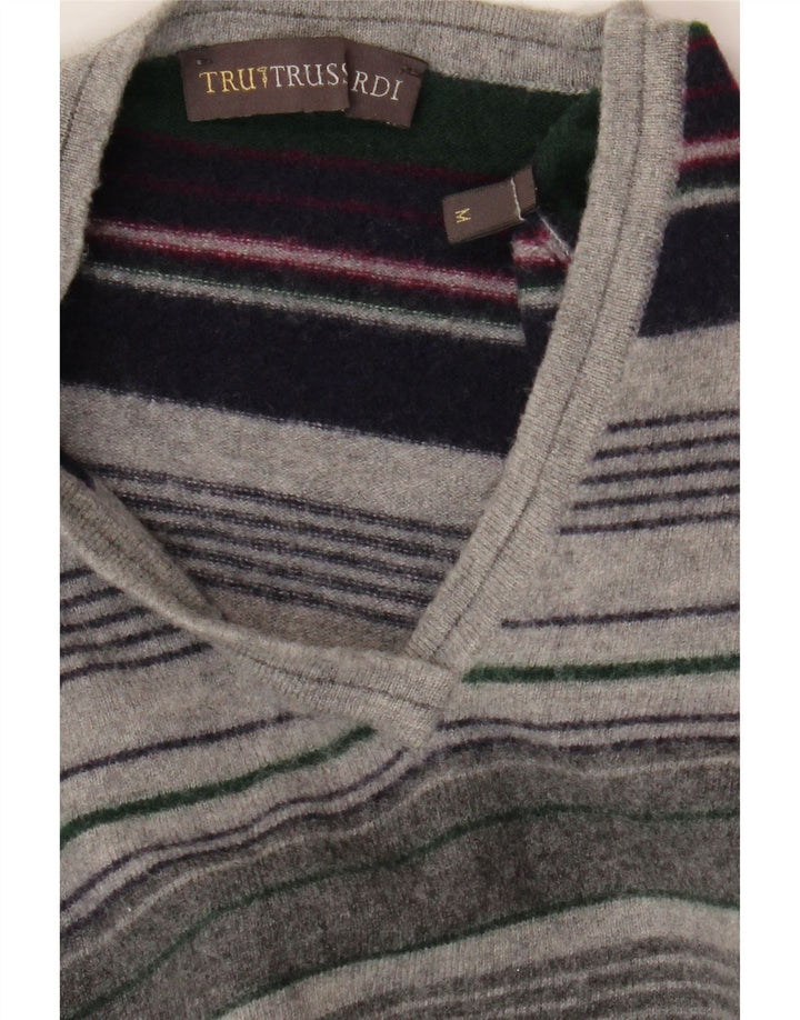 TRUSSARDI Mens V-Neck Jumper Sweater Medium Grey Striped Vintage Trussardi and Second-Hand Trussardi from Messina Hembry 