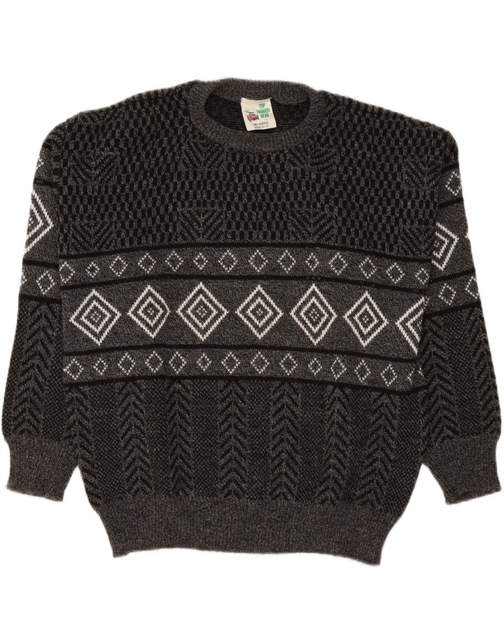 Vintage Herren Pullover mit Rundhalsausschnitt, groß, grau, Argyle/Diamant-Acryl