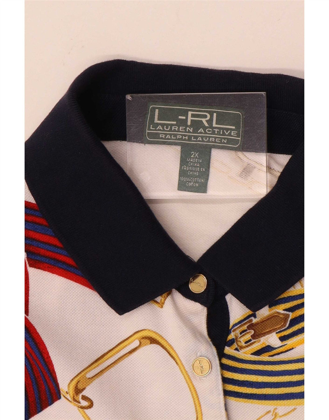 Ralph Lauren Damen Riding Abstract Pattern Poloshirt 2XL Weiße Baumwolle