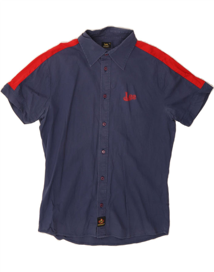LEE Mens Short Sleeve Shirt Large Navy Blue Colourblock Cotton Vintage Lee and Second-Hand Lee from Messina Hembry 