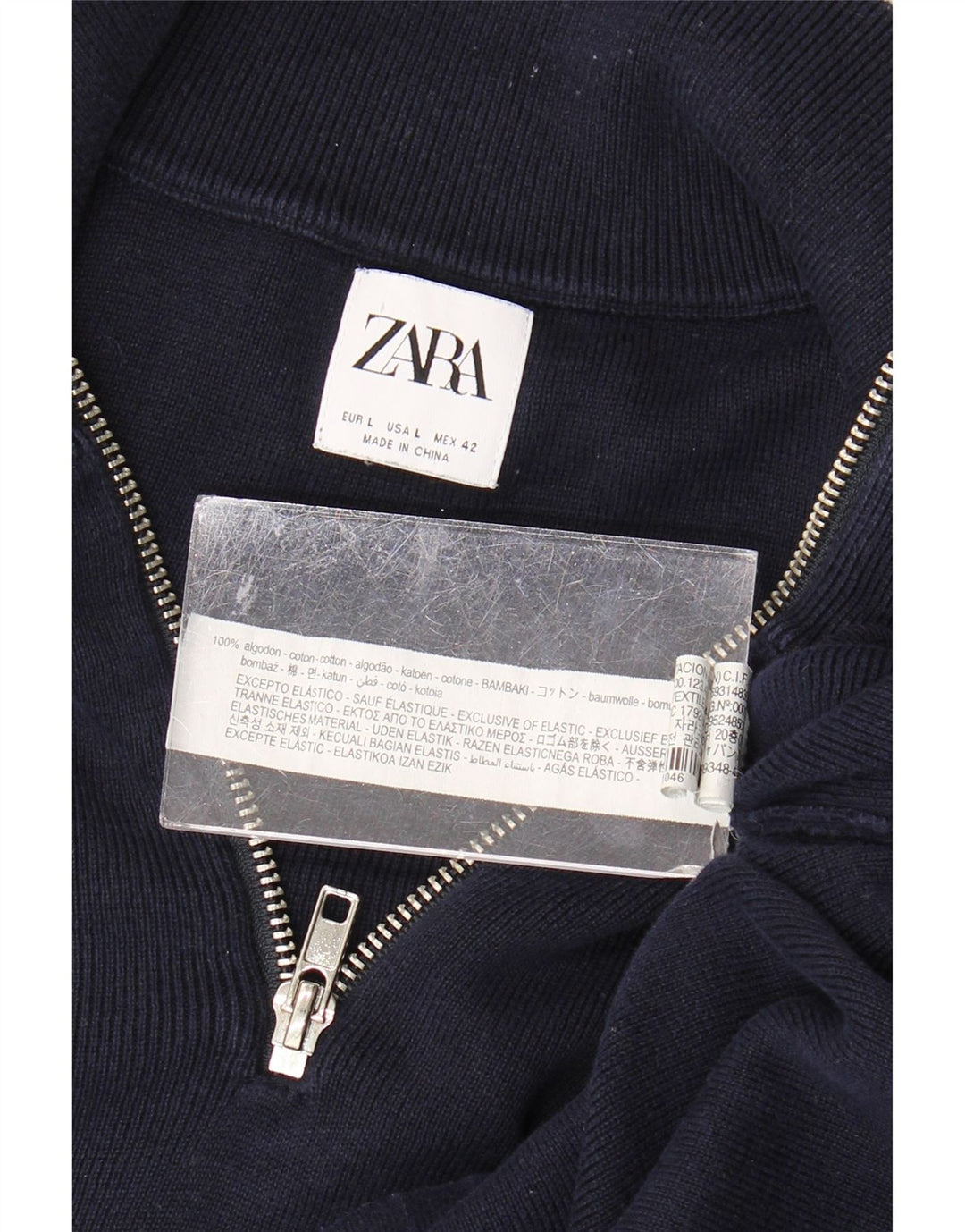 Zara Herren-Pullover mit Reißverschluss am Hals, groß, marineblaue Baumwolle