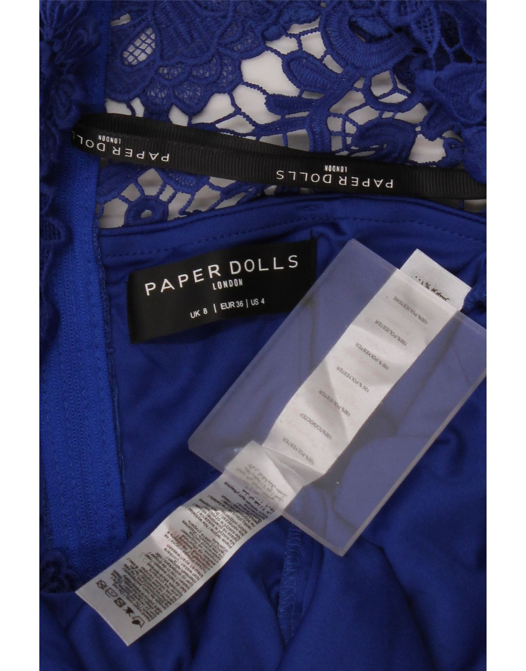 PAPER DOLLS Schulterfreies Damenkleid, Größe S, Blau, Blumenmuster, Polyester