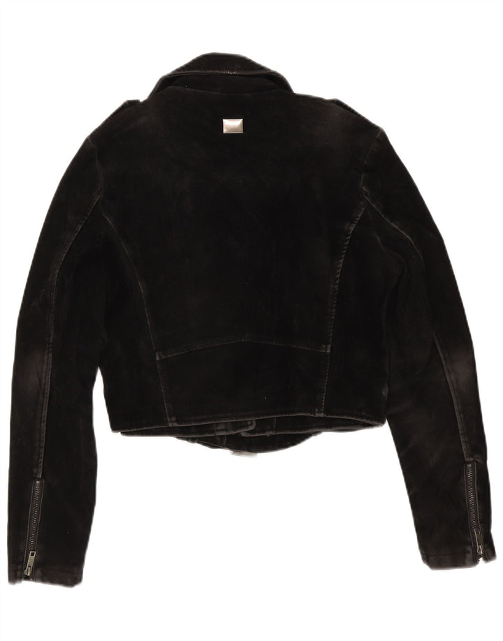 Vintage Damen Crop Wildleder Bikerjacke UK 14 Medium Schwarz