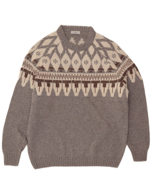 Maestrami Herren-Pullover mit Rundhalsausschnitt, Größe 54, XL, graue Fair-Isle-Wolle