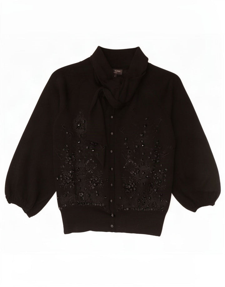 Ted Baker Damen-Strickjacke mit 3/4-Ärmeln, Größe 2, klein, schwarz, geblümt