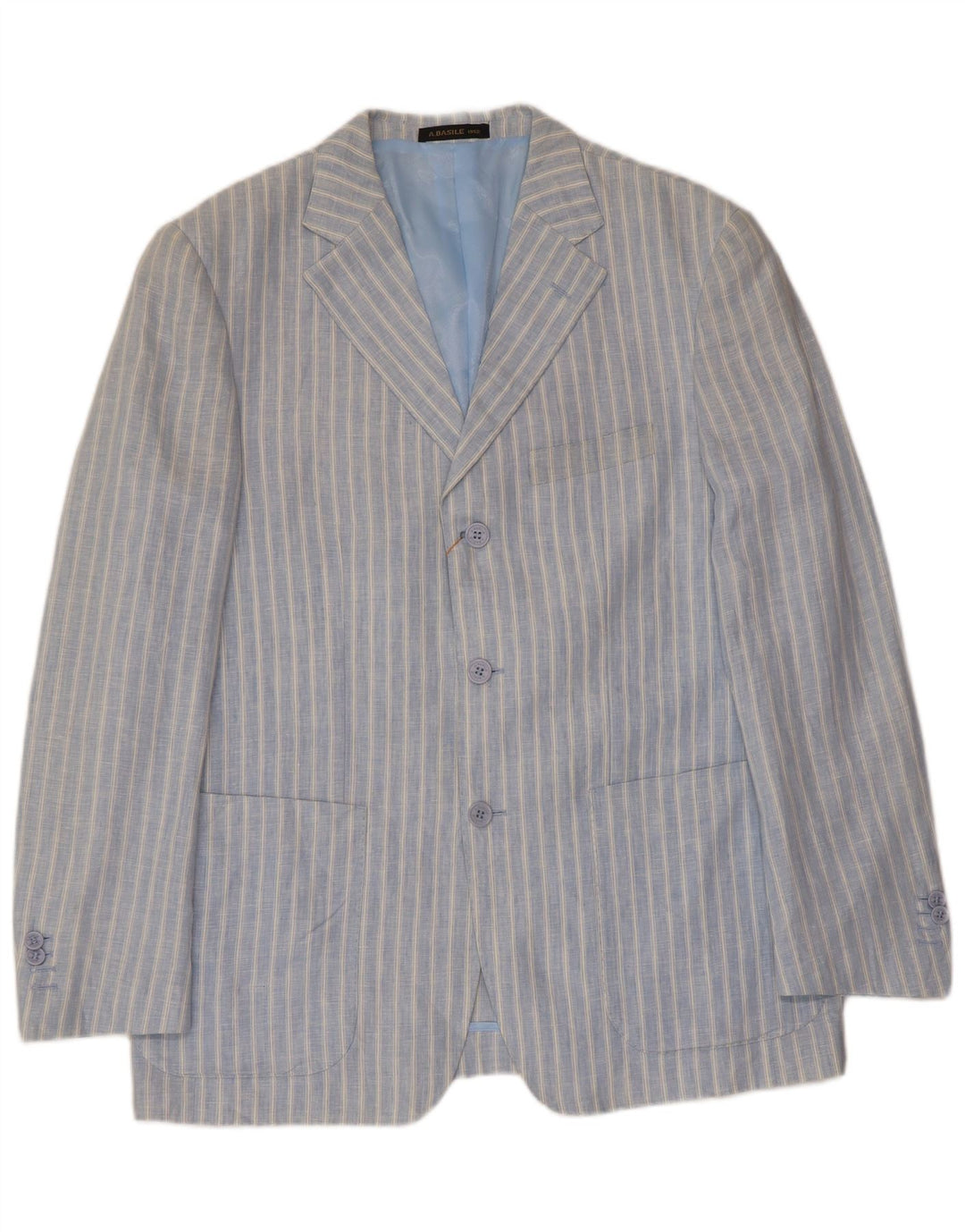 A.Basile Herren-Blazer mit 3 Knöpfen, IT 50, großes blau gestreiftes Leinen
