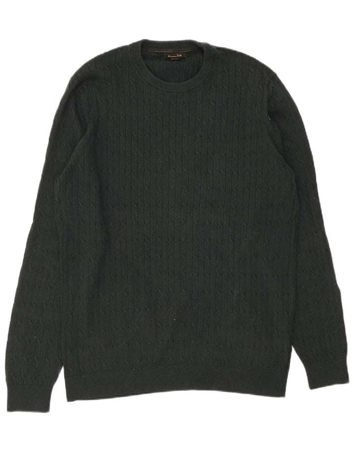Massimo Dutti Herren-Pullover mit Rundhalsausschnitt, XL, grüne Baumwolle