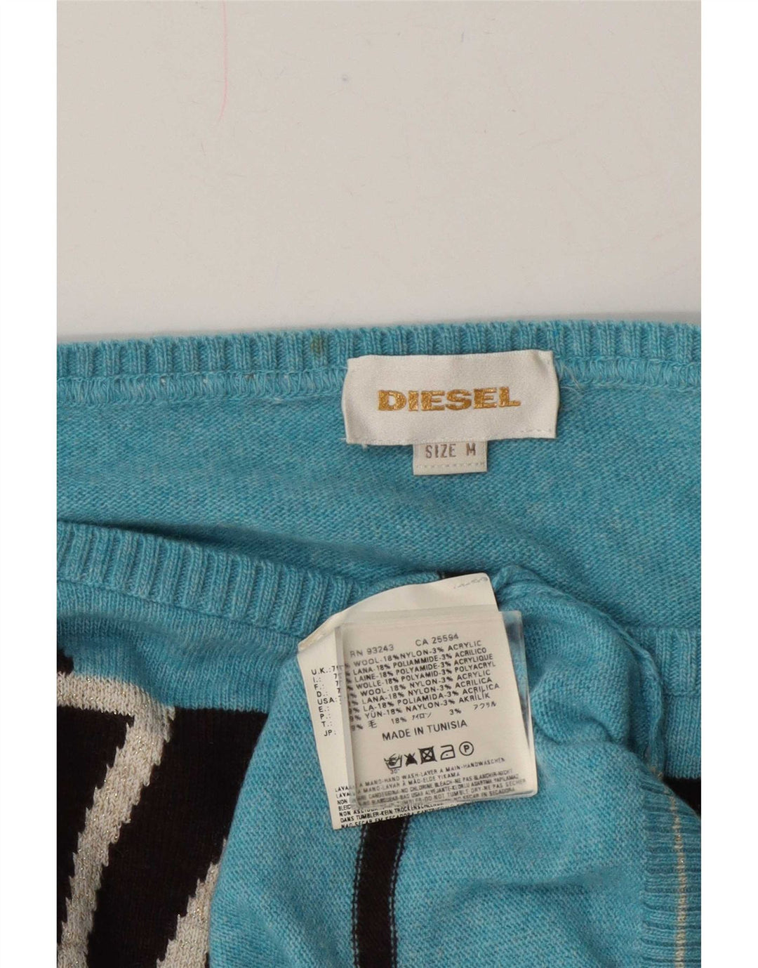 Diesel Damen-Pullover mit U-Boot-Ausschnitt, UK 14, mittelblaue, geometrische Wolle