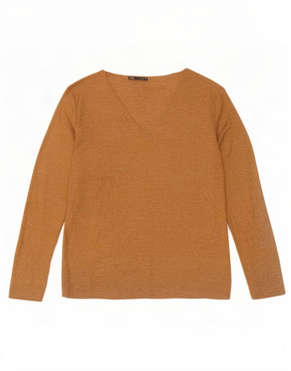 Zara Damen Top Langarm UK 16 Large Beige gefleckte Viskose