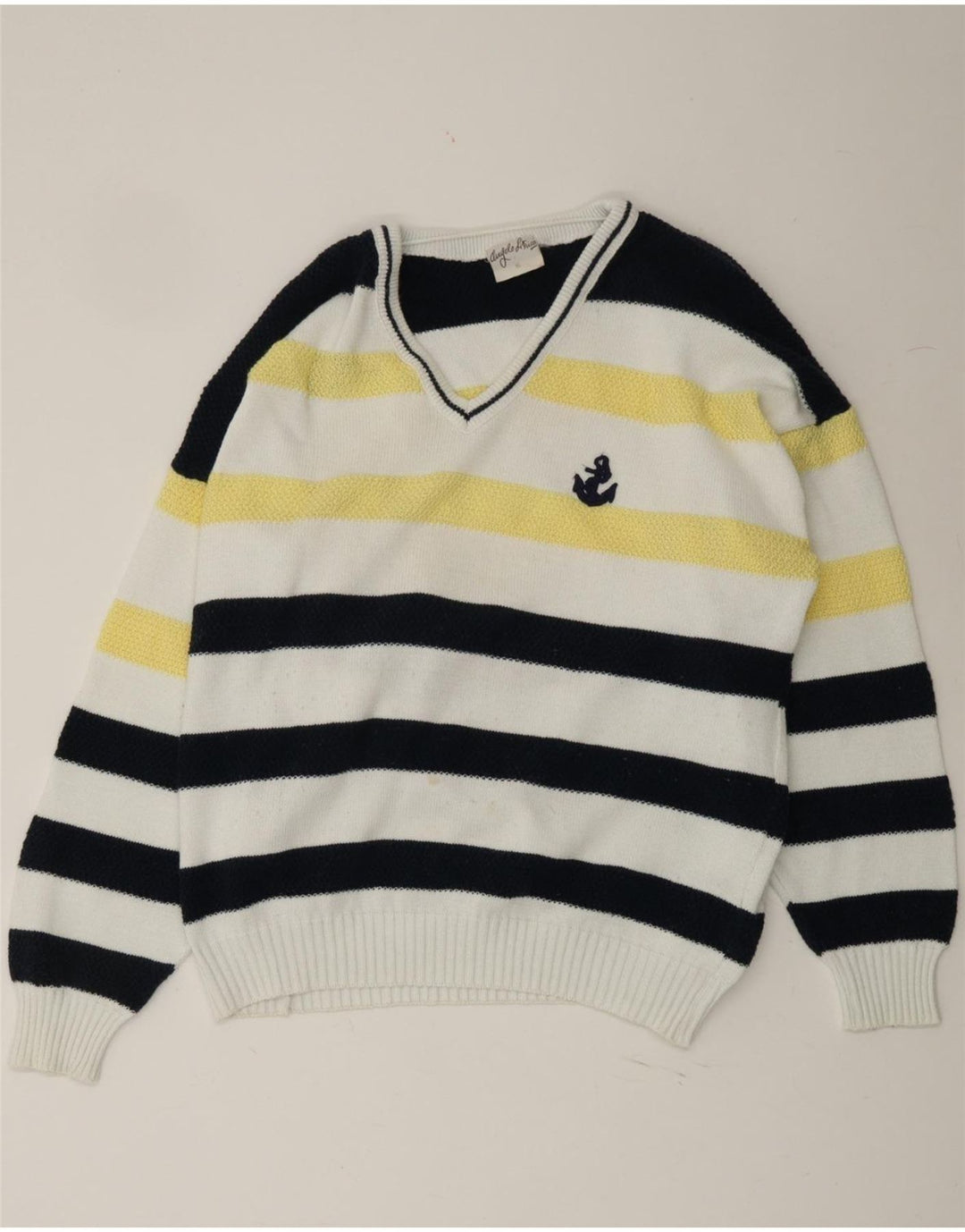 ANGELO LITRICO Mens V-Neck Jumper Sweater XL White Striped Vintage Angelo Litrico and Second-Hand Angelo Litrico from Messina Hembry 
