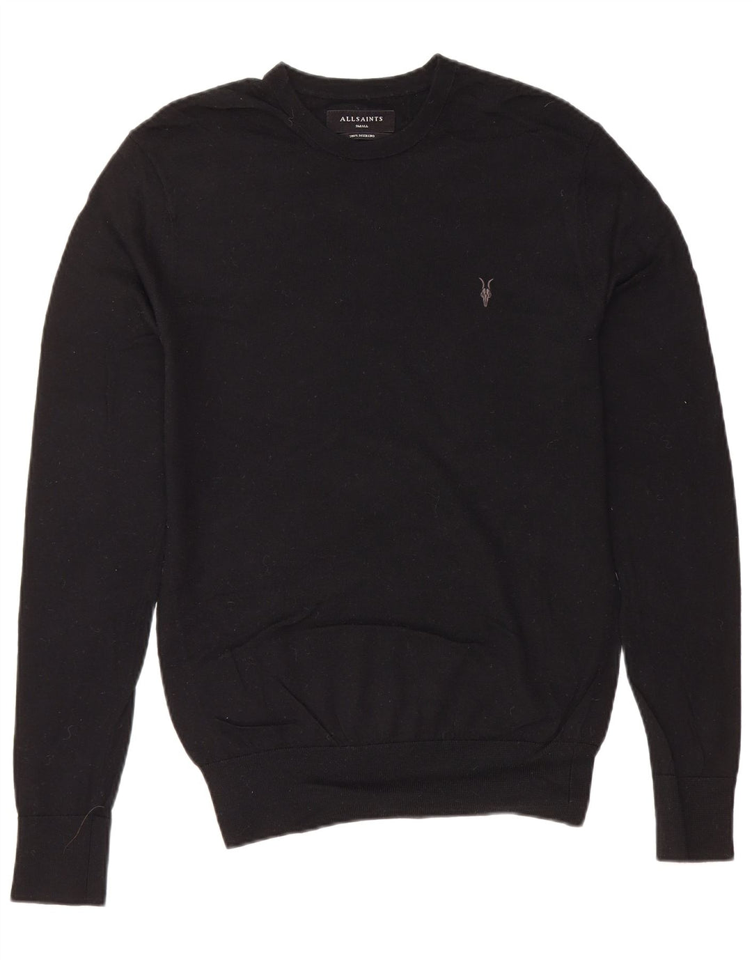 ALL SAINTS Herren-Pullover mit Rundhalsausschnitt, Größe S, schwarze Merinowolle