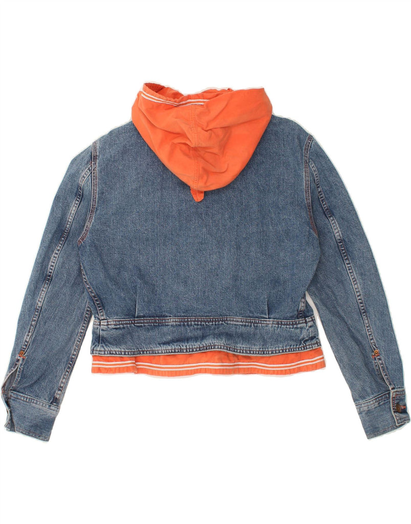 FIORUCCI Girls Crop Hooded Denim Jacket 14-15 Years Blue Colourblock Vintage Fiorucci and Second-Hand Fiorucci from Messina Hembry 