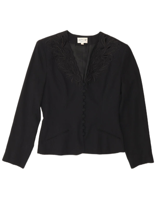 Cartoon Damen 9-Knopf-Blazerjacke EU 36 Kleine schwarze Viskose mit Blumenmuster