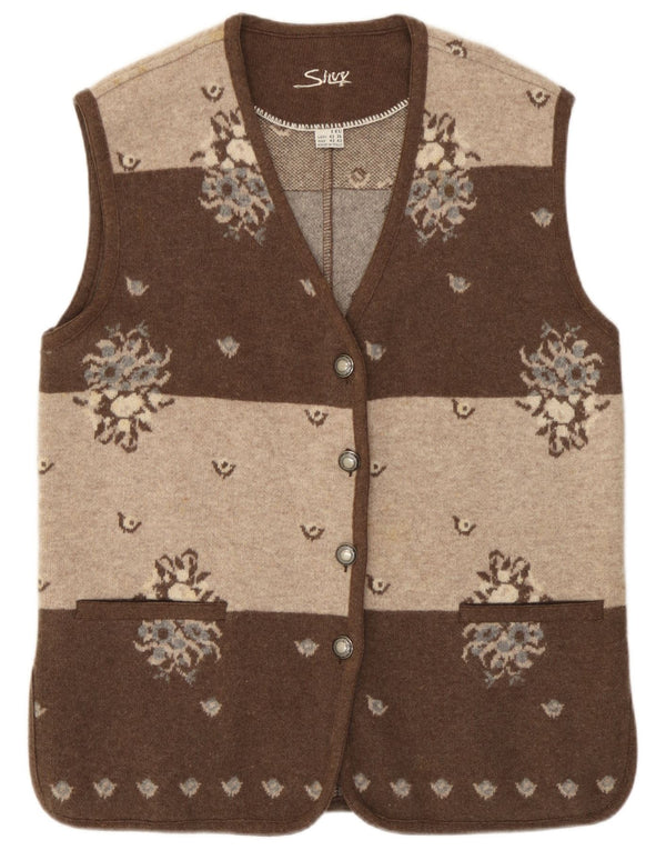 Ärmelloser Damen-Cardigan von Silvy IT 42 Mittelbraune Wolle mit Blumenmuster