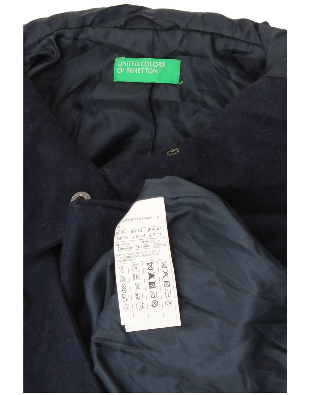 BENETTON Damen Dufflecoat mit Kapuze UK 14 Große marineblaue Wolle