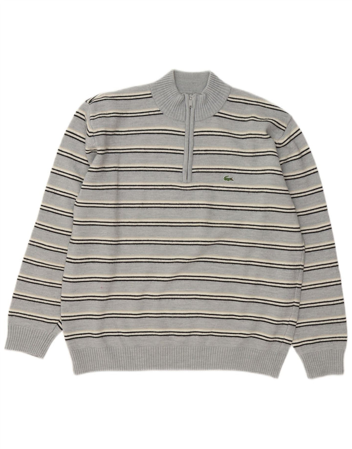Lacoste Herren-Pullover mit Reißverschluss am Hals, Größe 5, große blau gestreifte Wolle