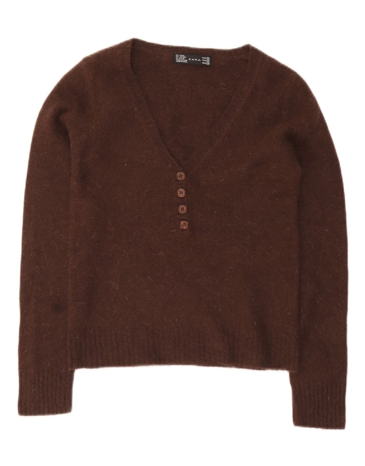 Zara Damen Crop Pullover mit V-Ausschnitt UK 12 Mittelbraune Wolle