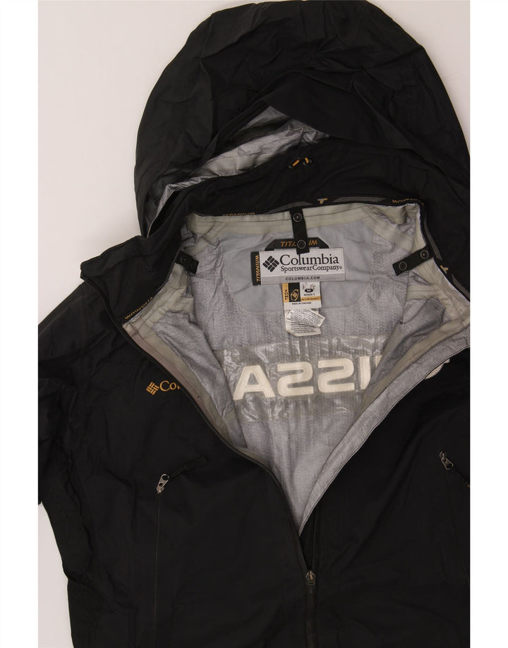 COLUMBIA Womens Graphic Hooded Rain Jacket UK 14 Medium Black Nylon Vintage Columbia and Second-Hand Columbia from Messina Hembry 