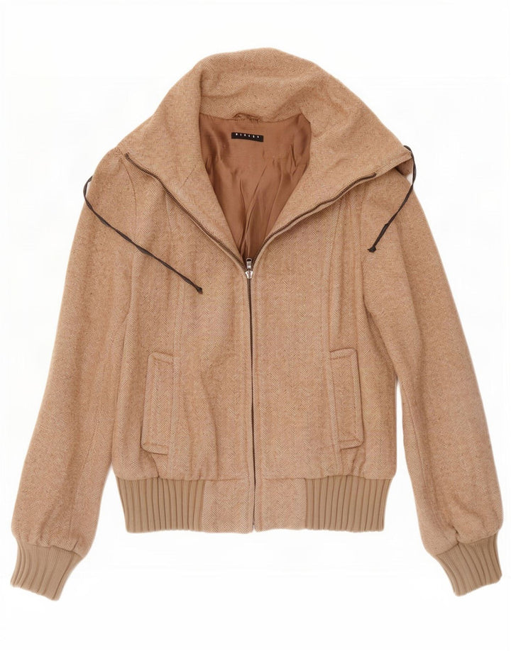 Sisley Damen Bomberjacke IT 42 Mittelbeige Wolle mit Fischgrätenmuster