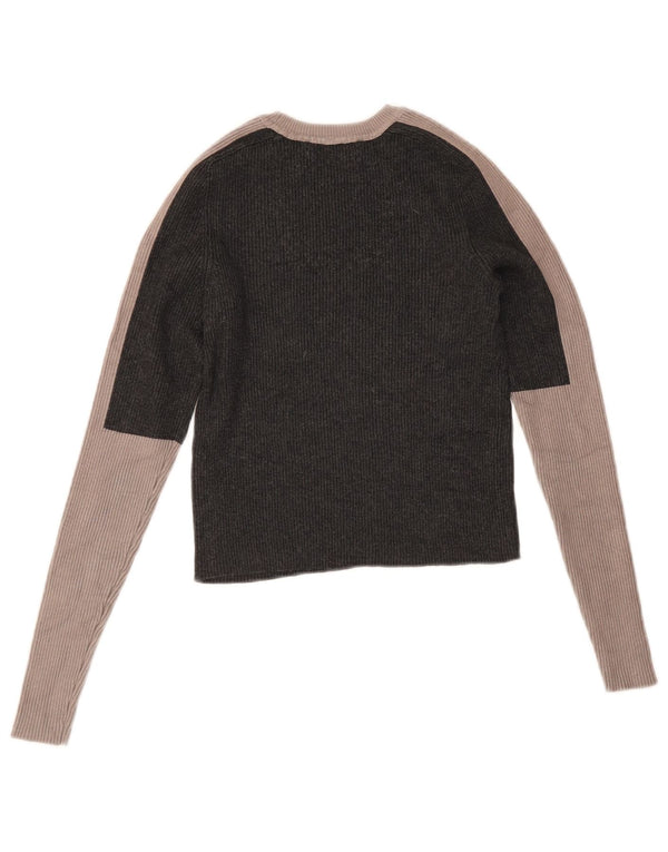 Zara Damen Crop Top Langarm UK 12 Mittelgraue Colourblock-Viskose