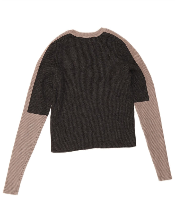 Zara Damen Crop Top Langarm UK 12 Mittelgraue Colourblock-Viskose