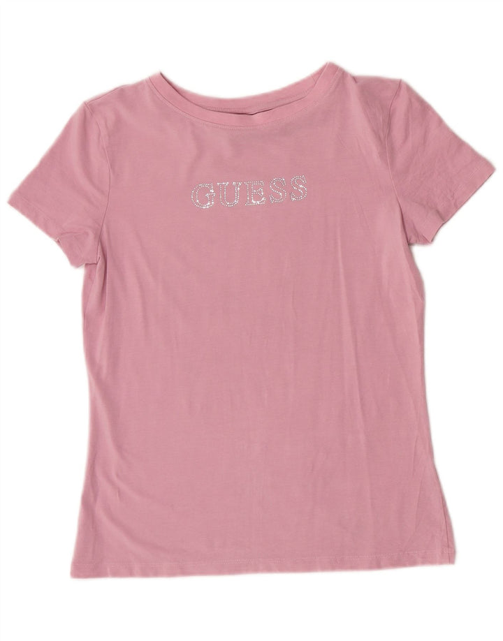 Guess Kurzarm-Grafik-T-Shirt für Damen, Größe 38, kleines rosa Logo