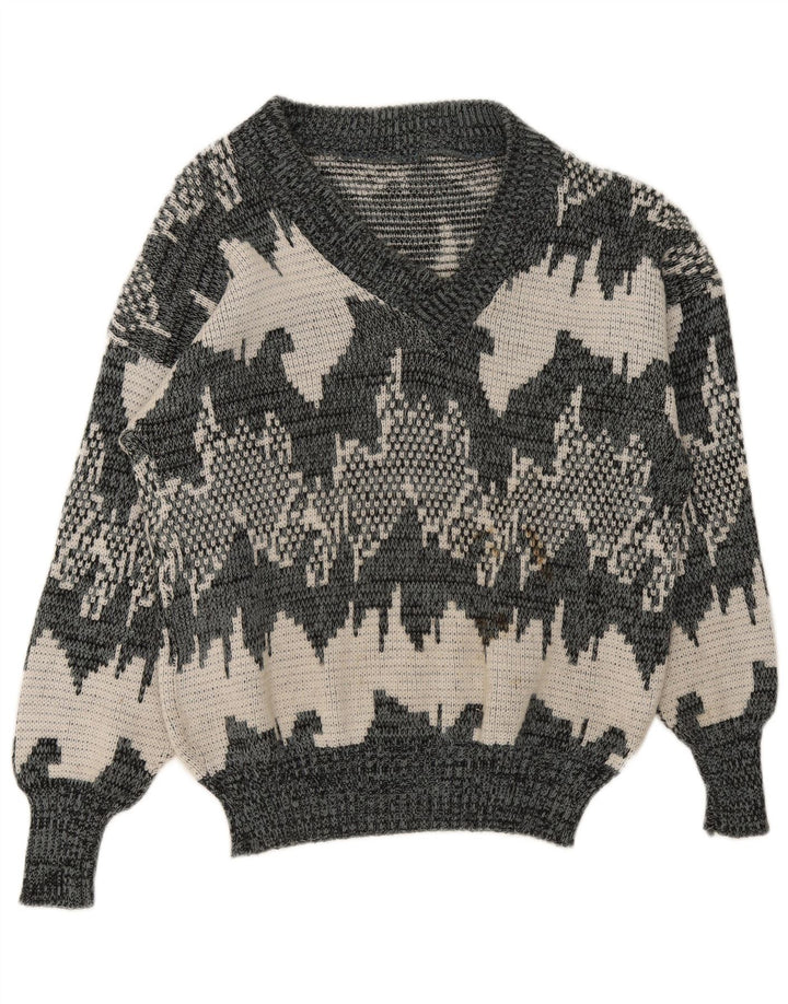 Vintage Herren Pullover mit abstraktem Muster und V-Ausschnitt, mittelgrau, geometrisch