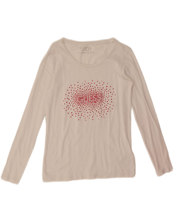Guess Damen-Top mit Grafik, langärmlig, UK-Größe 44, Größe L, weiße Baumwolle