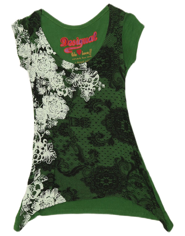 DESIGUAL Womens Asymmetric Graphic T-Shirt Top UK 8 Small Green Floral