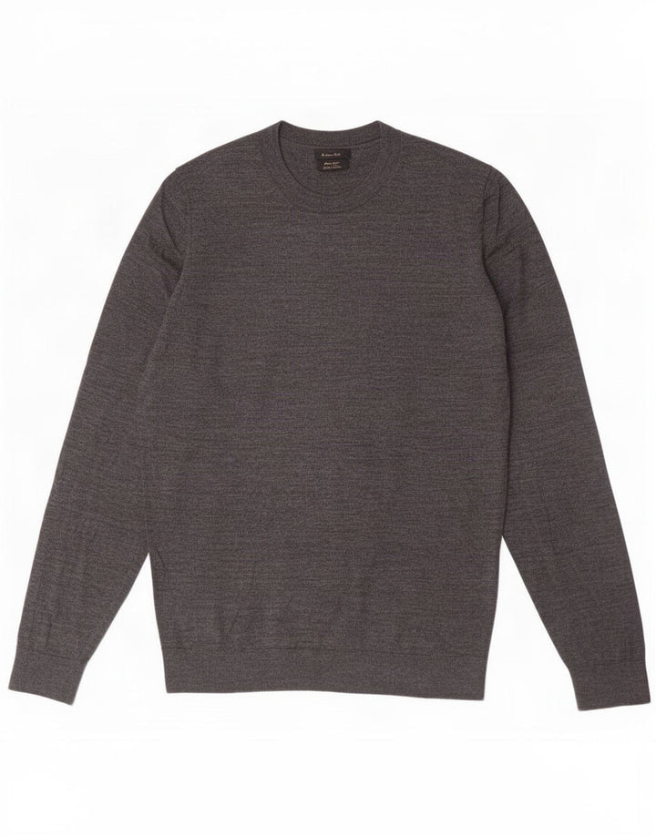 Massimo Dutti Herren-Pullover mit Rundhalsausschnitt, mittelgraue Merinowolle