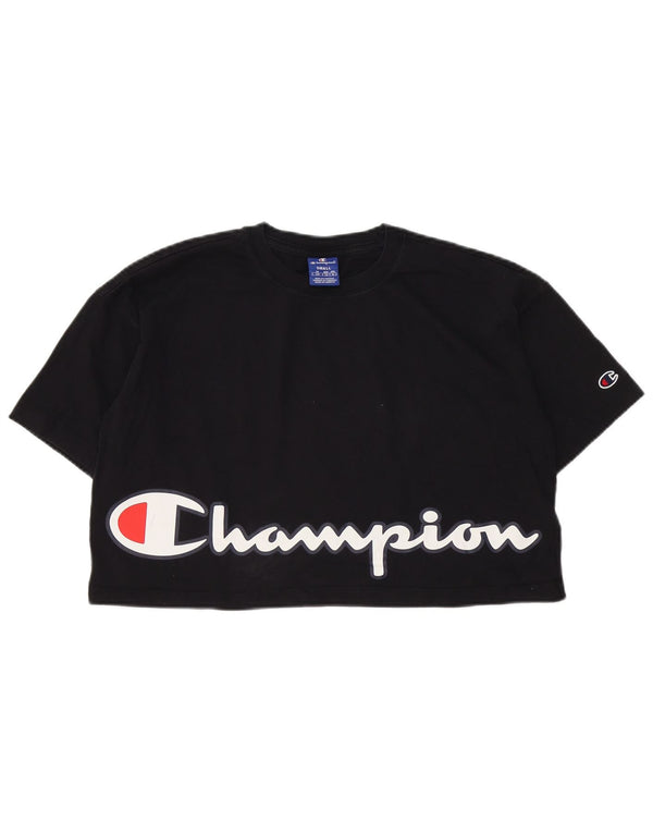Champion Damen Crop Oversize Graphic T-Shirt Top UK 10 Small Schwarz Baumwolle