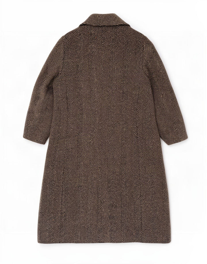 Vintage Damen Zweireihiger Mantel UK 14 Mittelbraunes Fischgrätenmuster