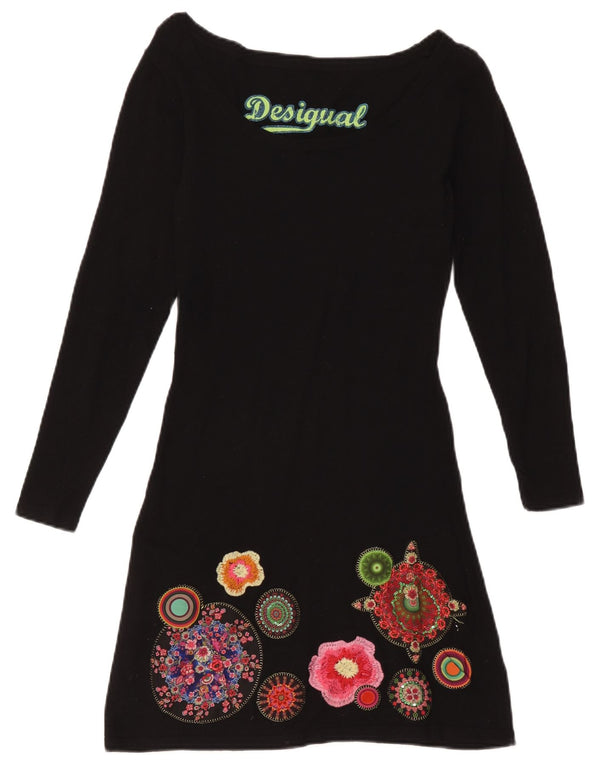 Desigual Damen Grafik-Langarm-A-Linien-Kleid UK 4 XS Schwarz geblümt
