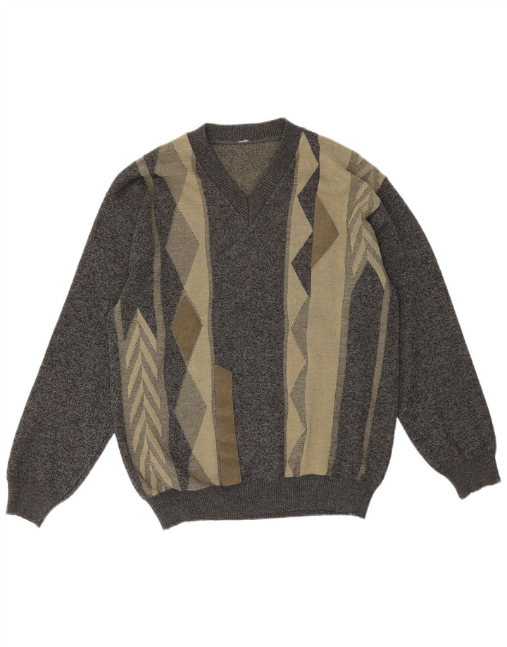 Vintage Herren V-Ausschnitt Pullover Pullover mittelgraue geometrische Merinowolle