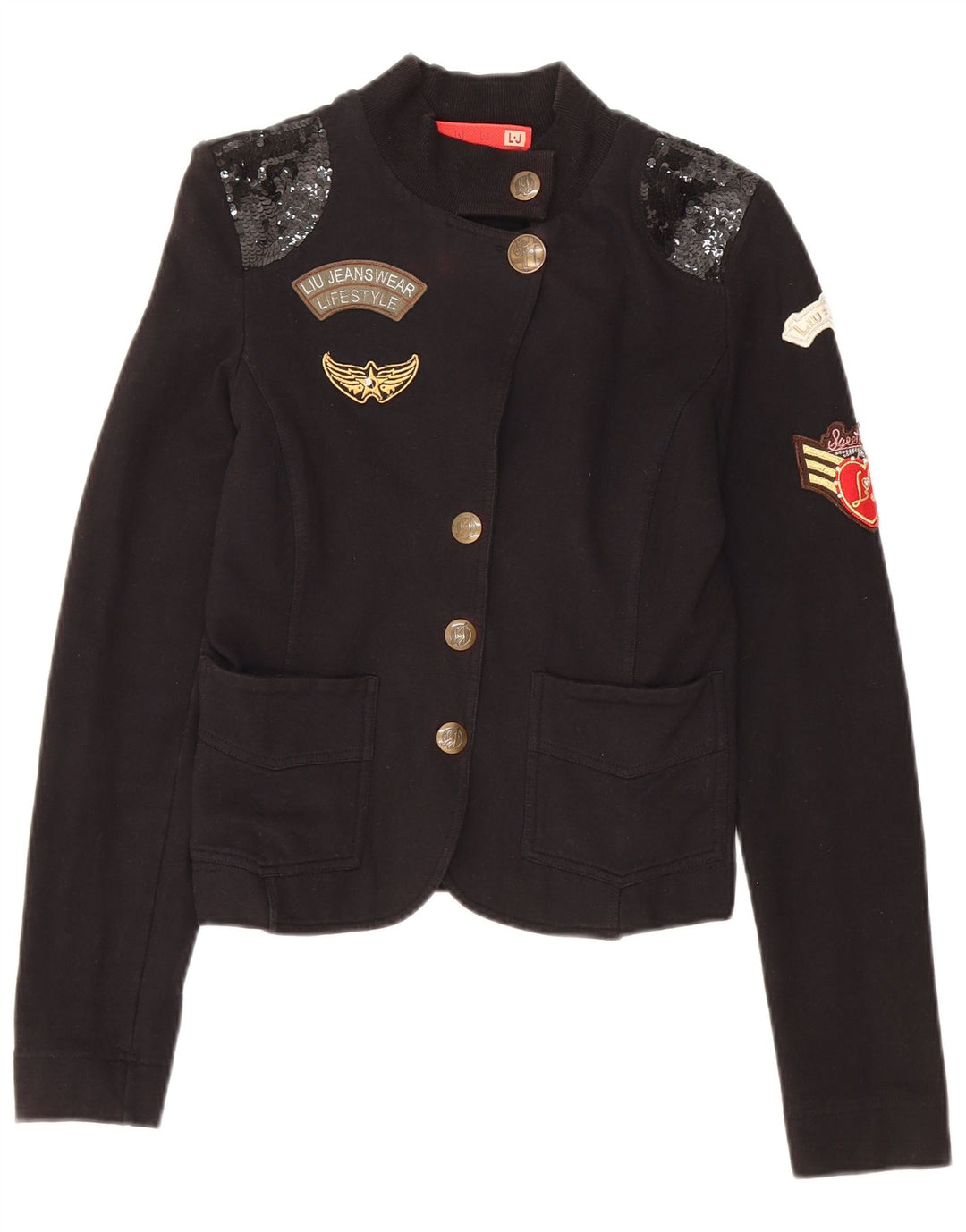 LIU JO Damen Crop Graphic 4 Button Blazer Jacke UK 6 XS Schwarz Baumwolle