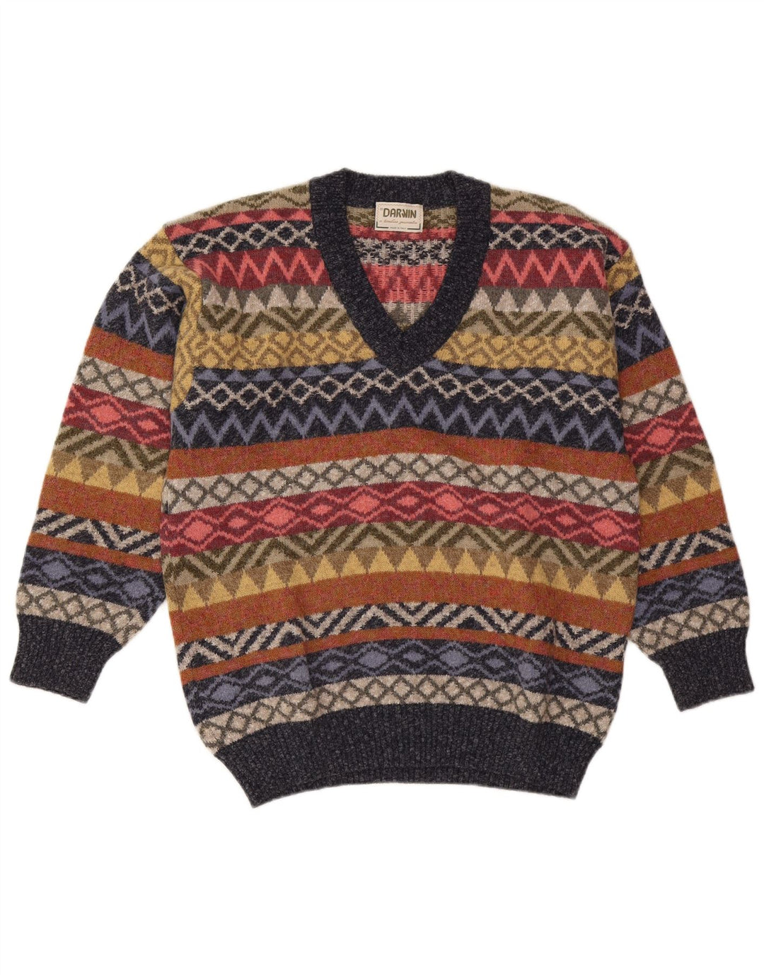 Darwin Herren-Pullover mit V-Ausschnitt, mittelgroße, mehrfarbige Fair-Isle-Wolle