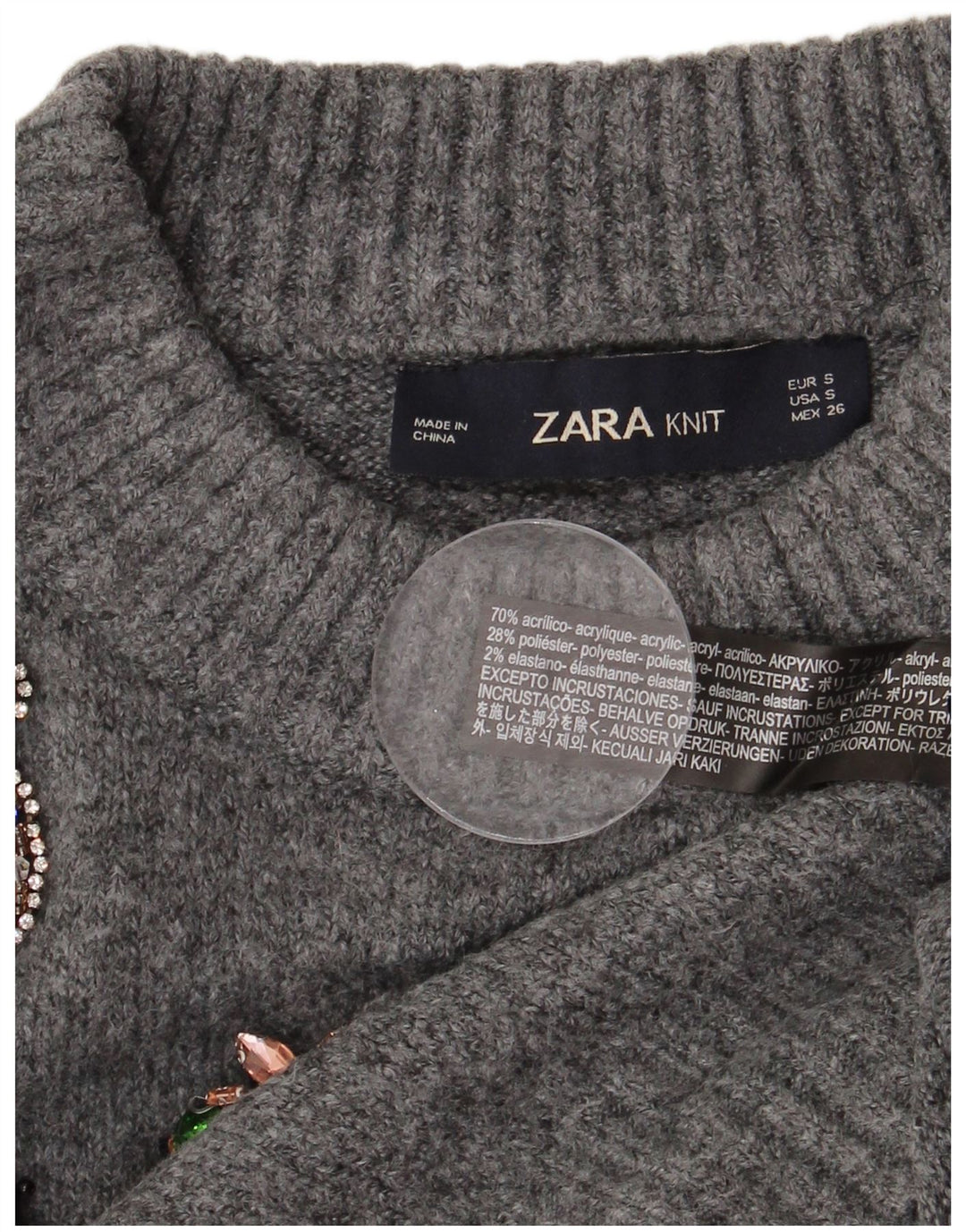 Zara Damen-Pullover, übergroß, mit grafischem Rundhalsausschnitt, Gr. 10, Größe S, Grau